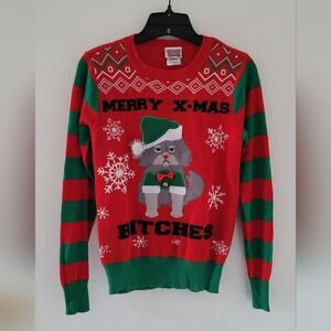 Ugly Christmas Sweater Women Junior Size S Cat Santa Kitten Merry Christmas